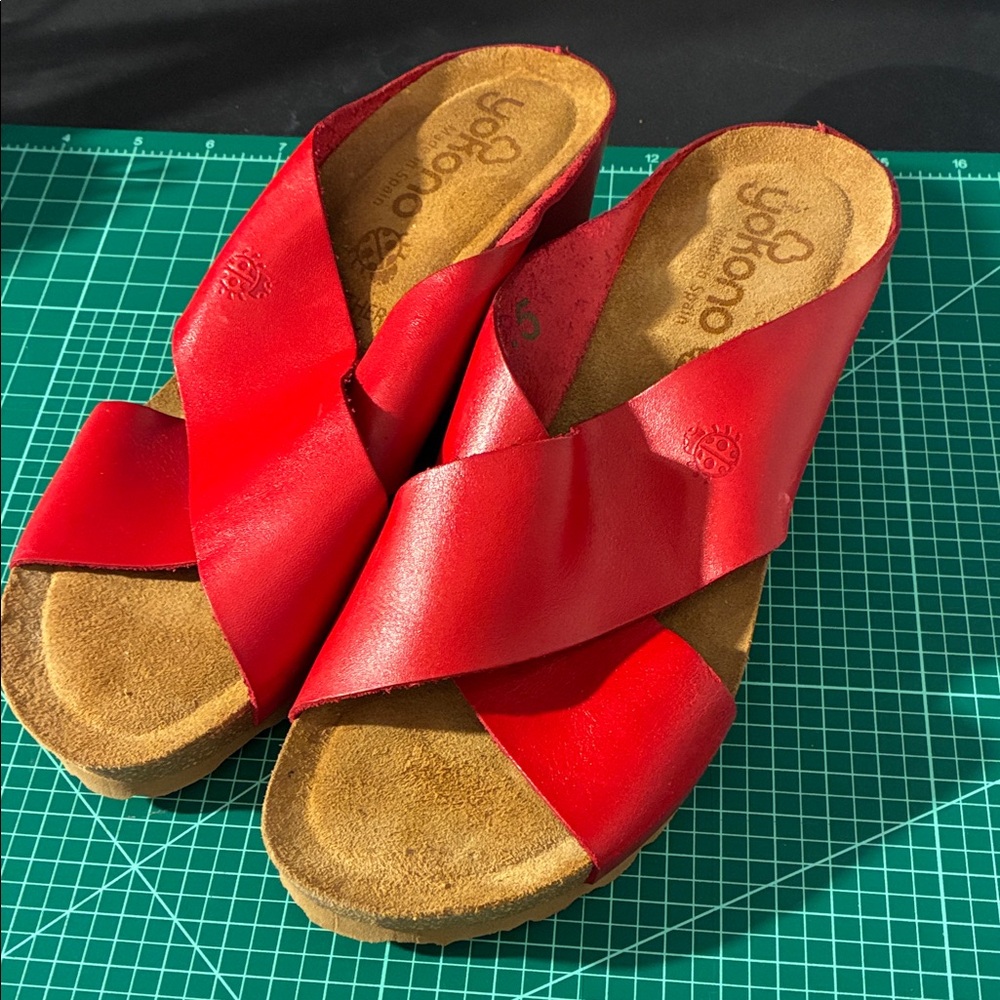Stylish Red Leather Cross-Strap Sandals for Women size 7.5 Made in Spain
